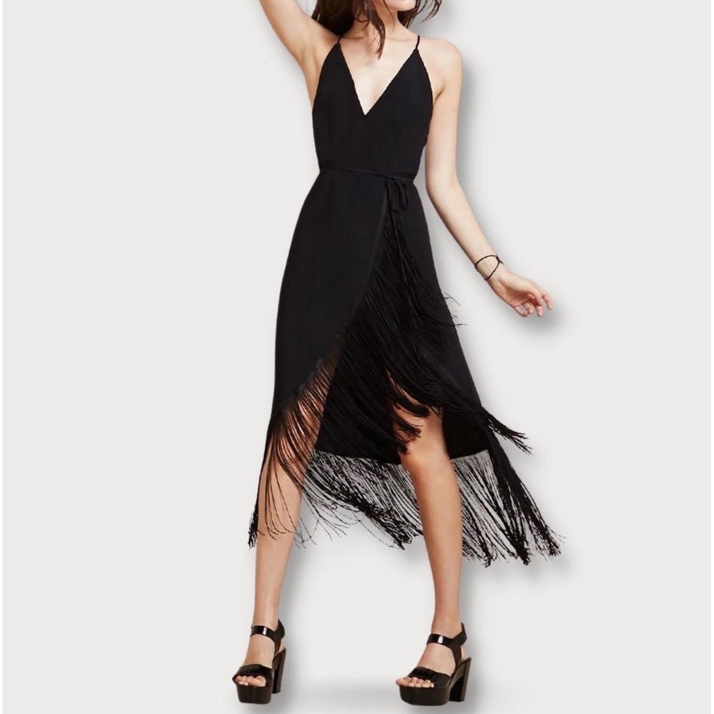 Reformation Midi Wrap Dress Size XS Black Fringe V-Neck Strappy Flapper Cocktail